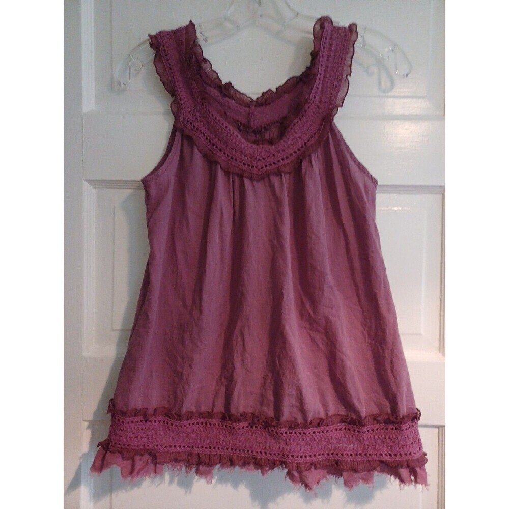 Purple boho ruffled sleeveless blouse M crochet trim hippie festival 70's tank
